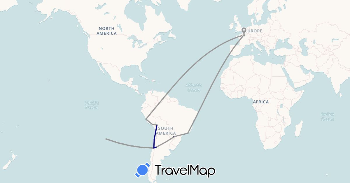TravelMap itinerary: driving, plane in Argentina, Bolivia, Brazil, Chile, France, Peru (Europe, South America)